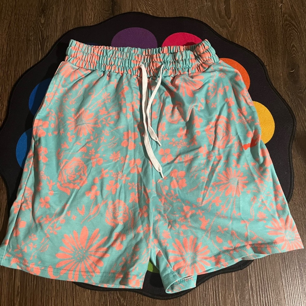 Floral Print Shorts in Teal and Coral